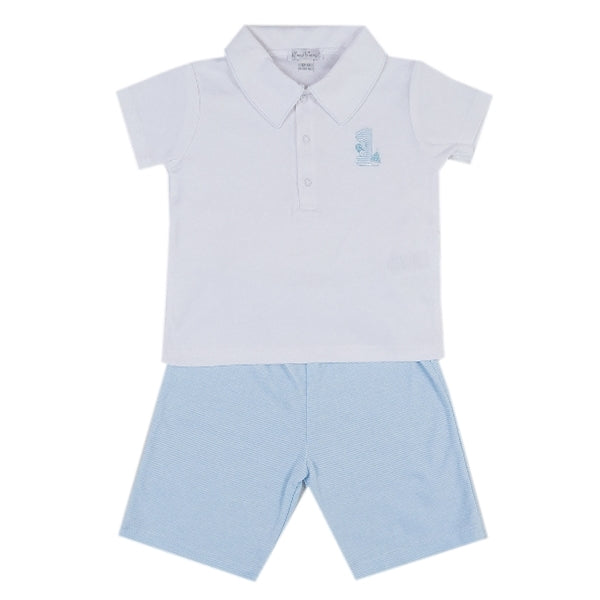 Kissy Kissy - First Birthday  Bermuda Set W/ Collar - White/Blue