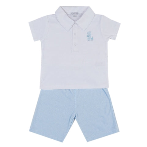 Kissy Kissy - First Birthday  Bermuda Set W/ Collar - White/Blue