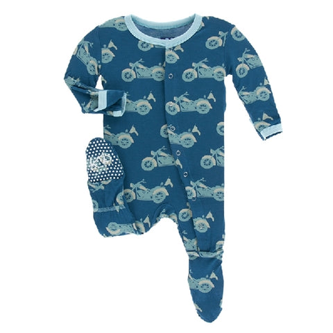 Kickee Pants - Print Footie With Snaps - Heritage Blue Motorcycle